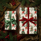 Luxury vintage Christmas wrapping paper with bells and ribbons on gift boxes by Wrapped Studios.