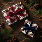 Rustic Christmas wrapping paper with botanical pinecone print and elegant bows, by Wrapped Studios.