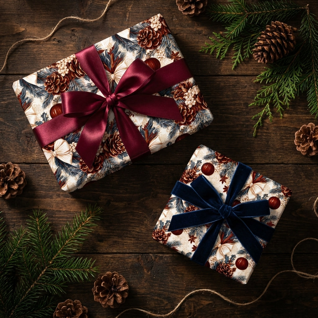 Rustic Christmas wrapping paper with botanical pinecone print and elegant bows, by Wrapped Studios.