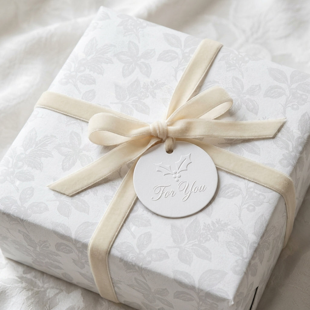 Elegant white floral wrapping paper with a cream velvet bow and holiday gift tag by Wrapped Studios.
