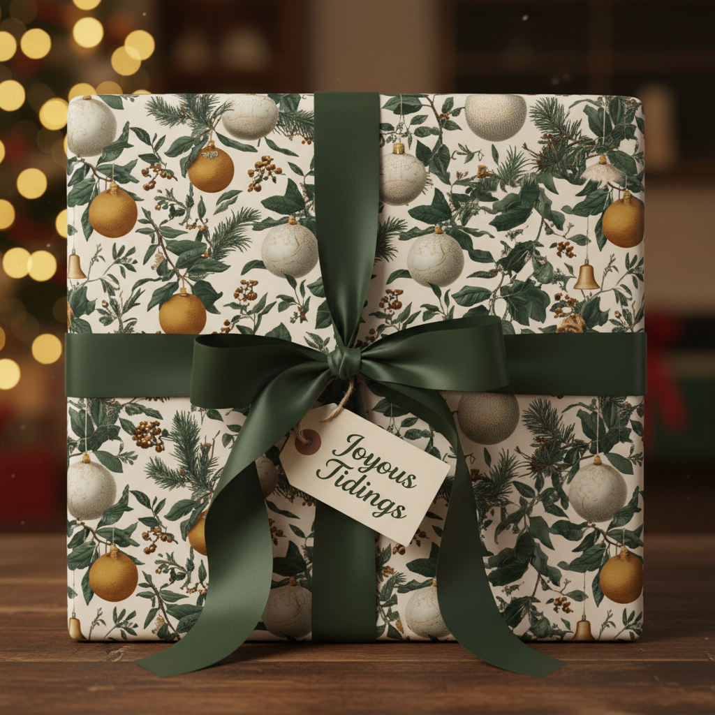Elegant Christmas gift wrap featuring a vintage botanical pattern with gold and white ornaments, tied with a dark green satin ribbon and "Joyous Tidings" tag.