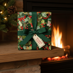 Festive Christmas gift wrap with holly berry pattern and green ribbon by the fireplace.