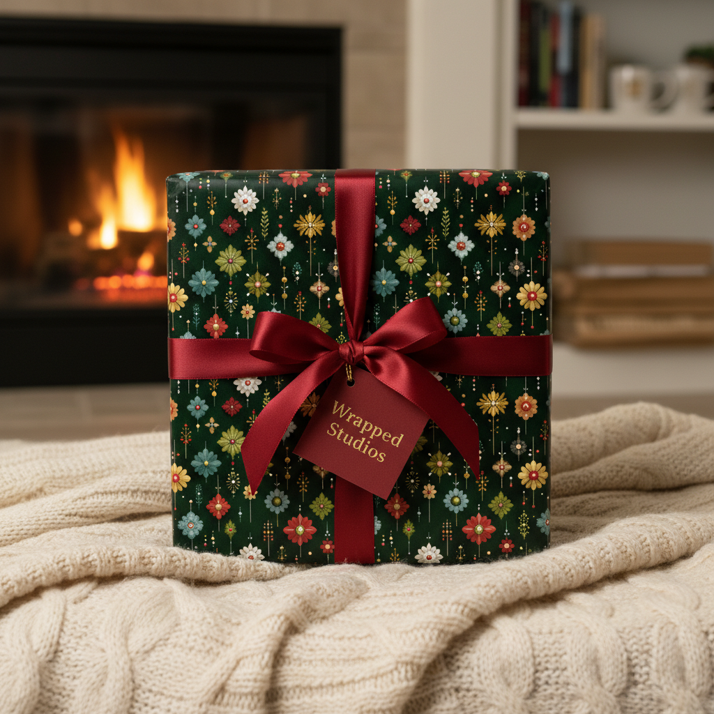 Dark green floral wrapping paper with red ribbon on a present, ideal for Christmas gifts.