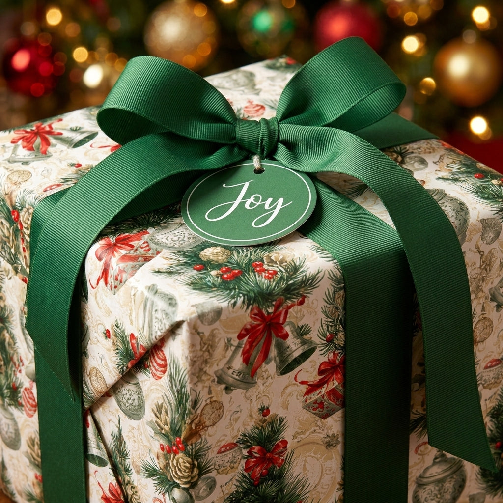 Luxury vintage Christmas wrapping paper with a green bow and Joy tag, by Wrapped Studios.