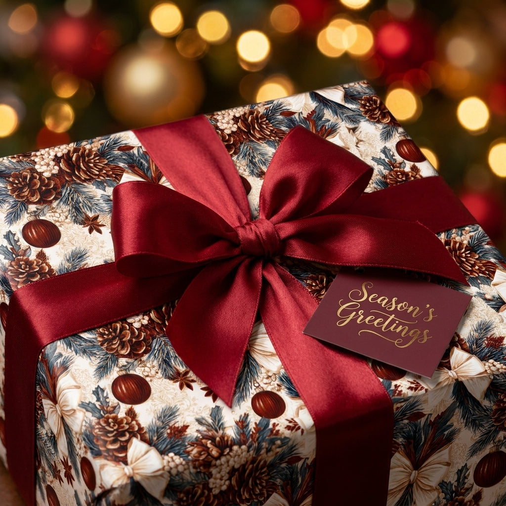 Vintage Christmas wrapping paper with pinecones, red satin bow, and holiday tag by Wrapped Studios.