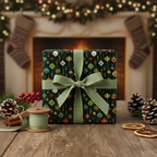 Christmas present wrapped in dark green floral wrapping paper with a sage green ribbon.