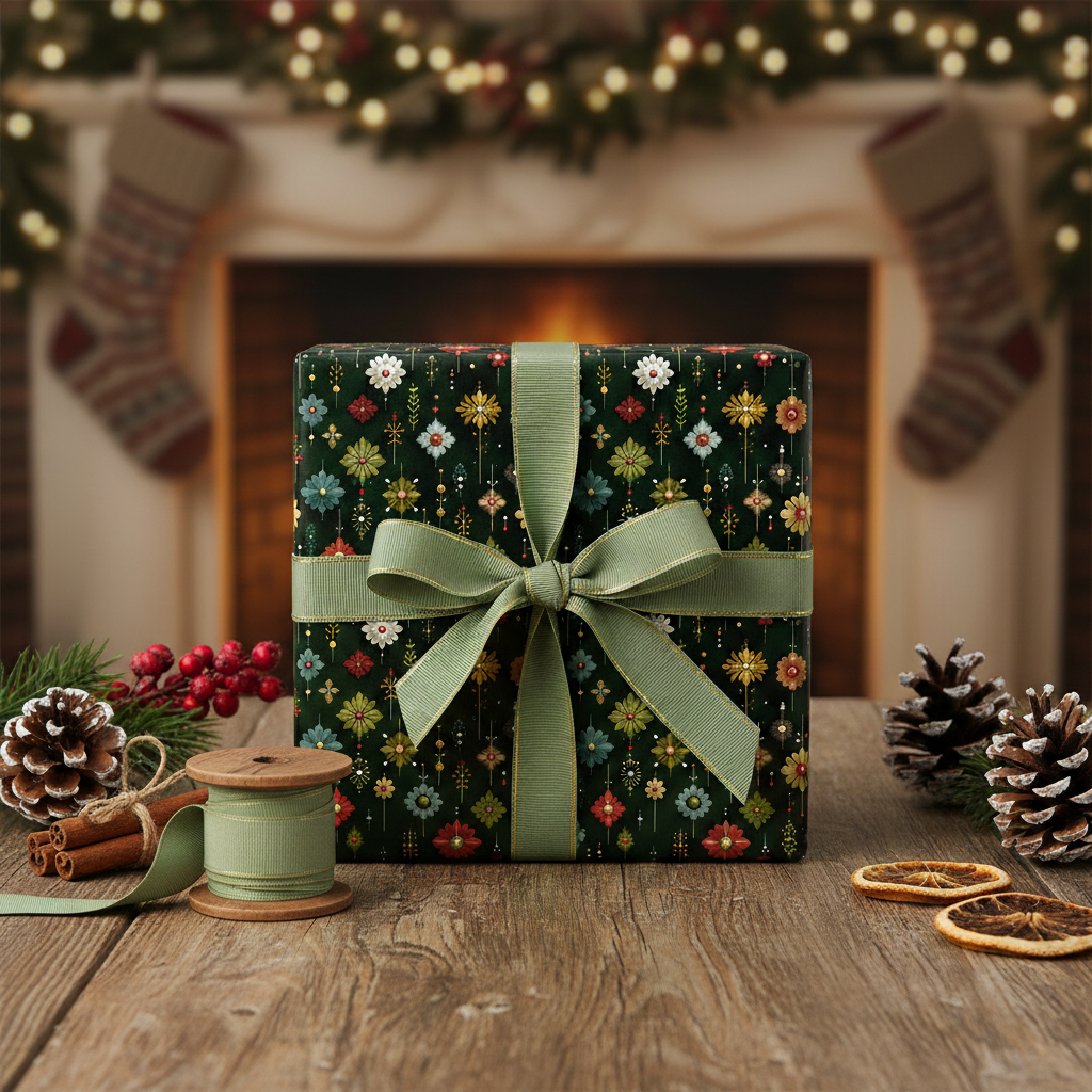 Christmas present wrapped in dark green floral wrapping paper with a sage green ribbon.
