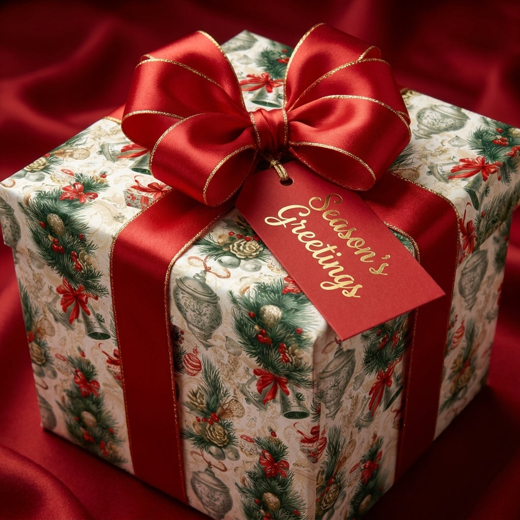 Luxury Christmas wrapping paper with elegant holiday pattern and red satin bow by Wrapped Studios.