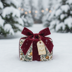 Festive Christmas wrapping paper with a vintage botanical print, elegant deep red velvet ribbon, and a "Merry & Bright" tag in a snowy forest.