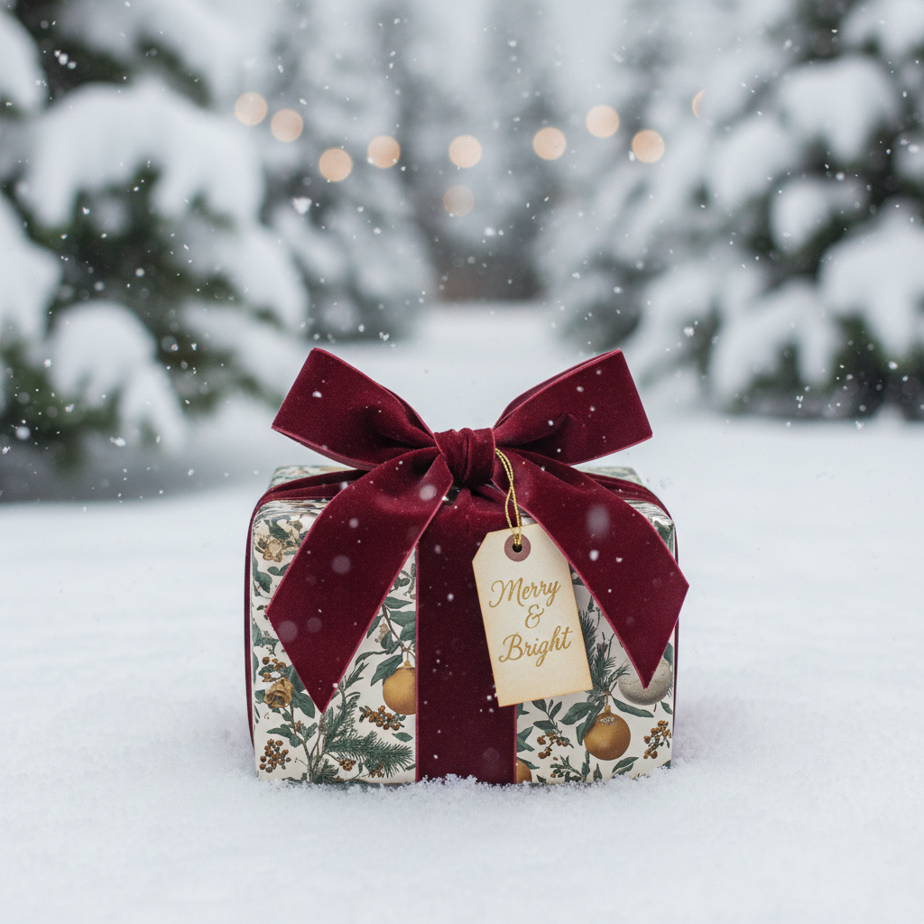 Festive Christmas wrapping paper with a vintage botanical print, elegant deep red velvet ribbon, and a "Merry & Bright" tag in a snowy forest.