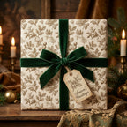 Vintage botanical Christmas wrapping paper with a green velvet ribbon and holiday gift tag by Wrapped Studios.
