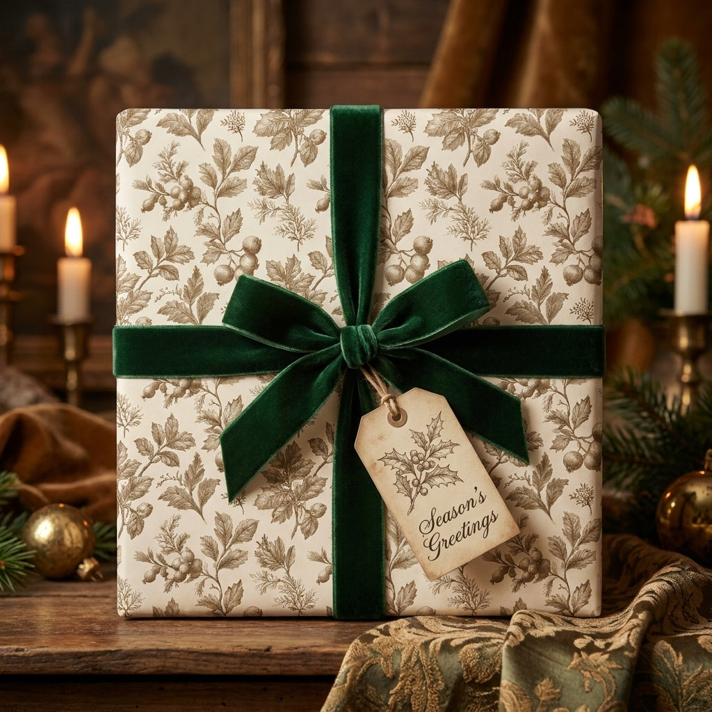 Vintage botanical Christmas wrapping paper with a green velvet ribbon and holiday gift tag by Wrapped Studios.