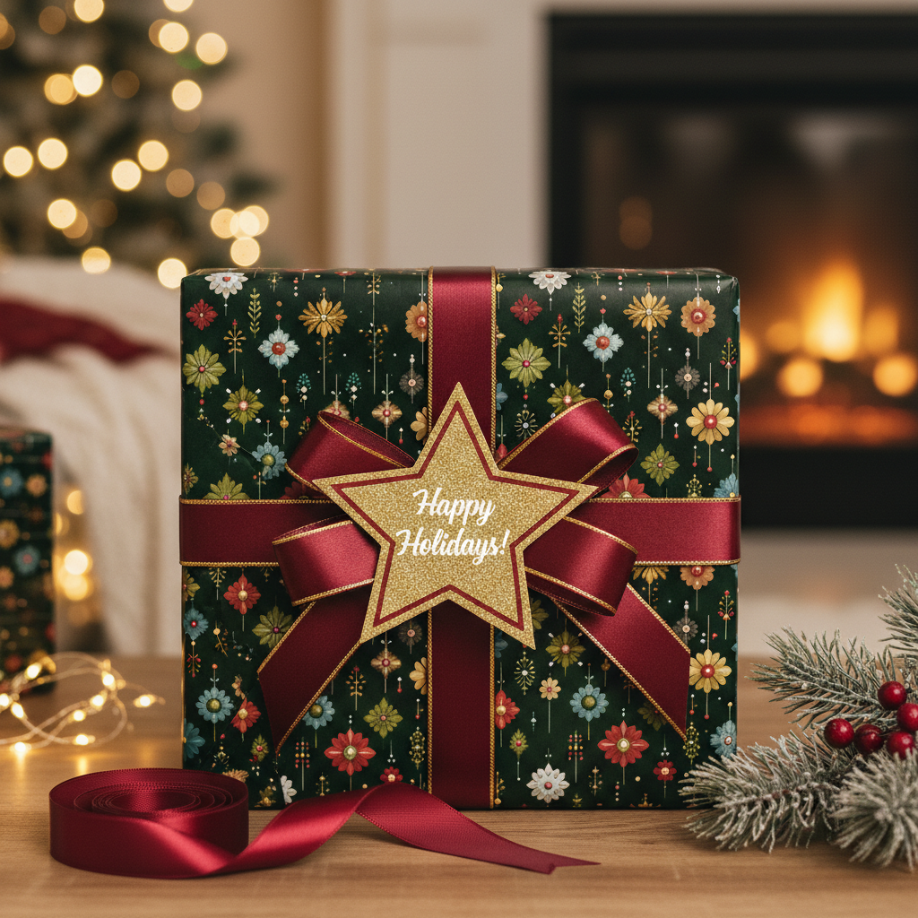 "Happy Holidays" gift wrapped in dark floral Christmas wrapping paper with red ribbon and gold star.