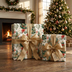 Vintage Christmas wrapping paper with elegant gold bows by Wrapped Studios, styled by a cozy fireplace.