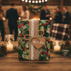 Rustic wedding gift wrapped in holly berry Christmas wrapping paper with burlap ribbon and "Mr & Mrs" tag.