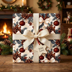 Vintage Christmas wrapping paper with elegant pinecone print and cream ribbon bow by Wrapped Studios.