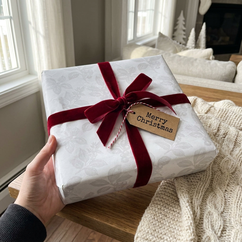 Elegant white floral Christmas wrapping paper with a luxury red velvet bow by Wrapped Studios.