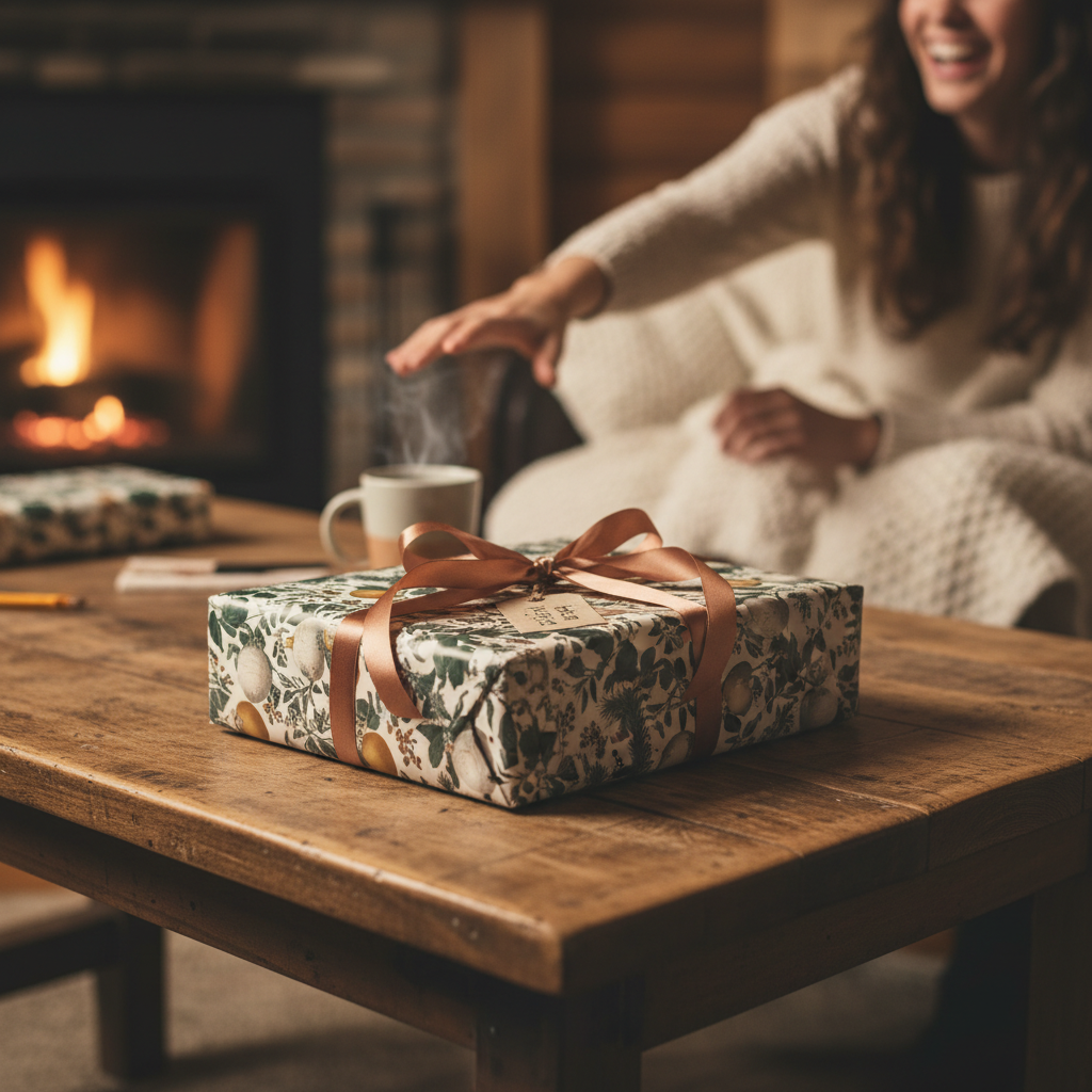 Luxury Christmas gift wrap with a festive botanical pattern, tied with a copper ribbon, on a rustic wooden table by a fireplace.