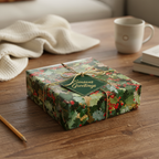 Square gift wrapped in holly-print Christmas wrapping paper with gold string and a "Seasons Greetings" tag.