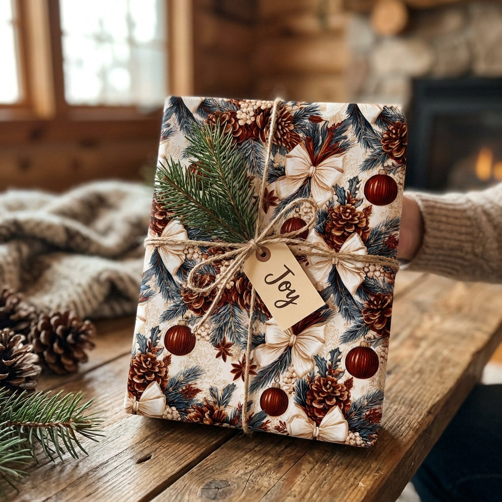 Rustic Christmas wrapping paper with vintage pinecone pattern and twine by Wrapped Studios.
