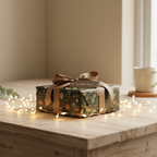 Elegant gift wrapped in floral wrapping paper with gold ribbon and "With Love" tag.