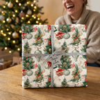Vintage Christmas wrapping paper with pine tree pattern and silver ribbon by Wrapped Studios.
