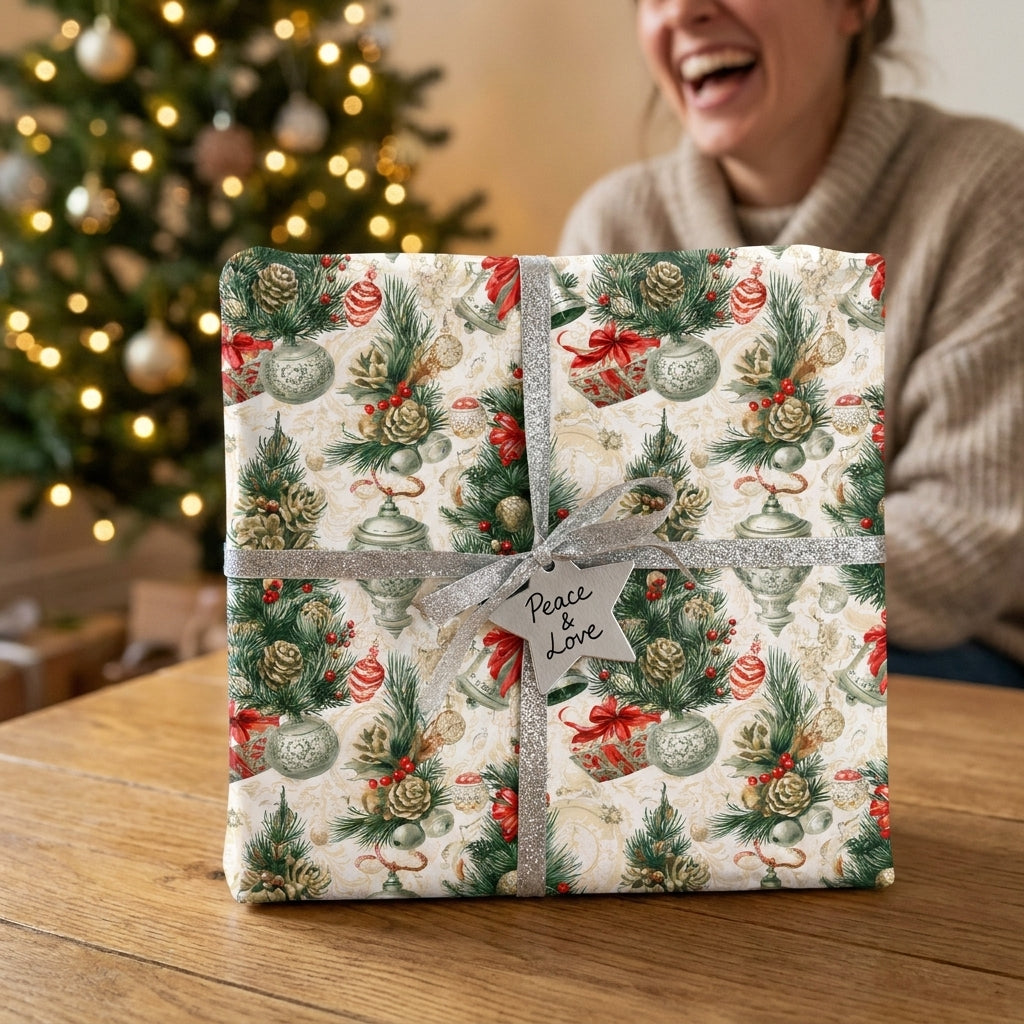 Vintage Christmas wrapping paper with pine tree pattern and silver ribbon by Wrapped Studios.