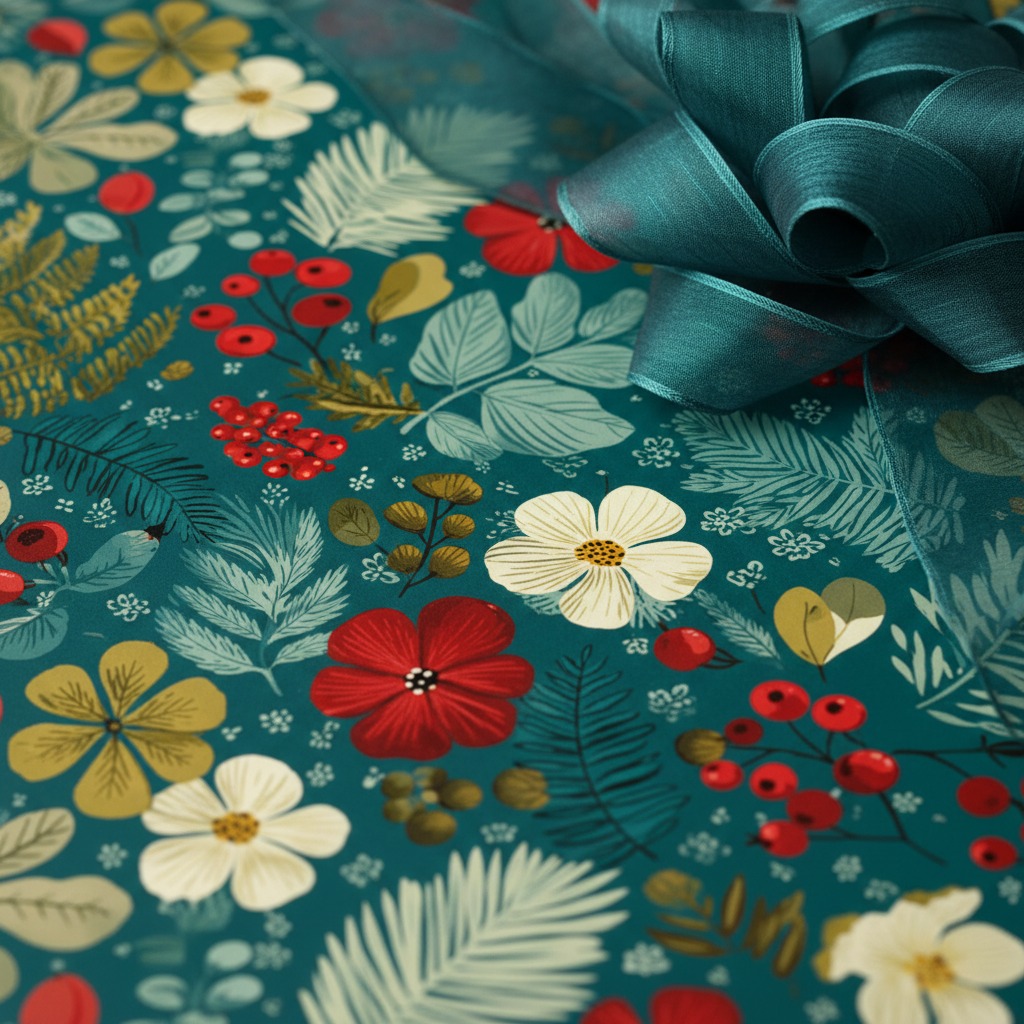 Teal floral wrapping paper with a blue ribbon bow, great for birthday gifts or holiday presents.