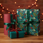 Elegant Christmas gifts wrapped in floral wrapping paper with green and red ribbon.