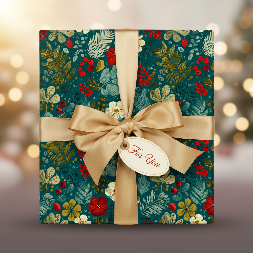 Beautiful square gift wrapped in teal floral wrapping paper with a gold ribbon and "For You" tag.