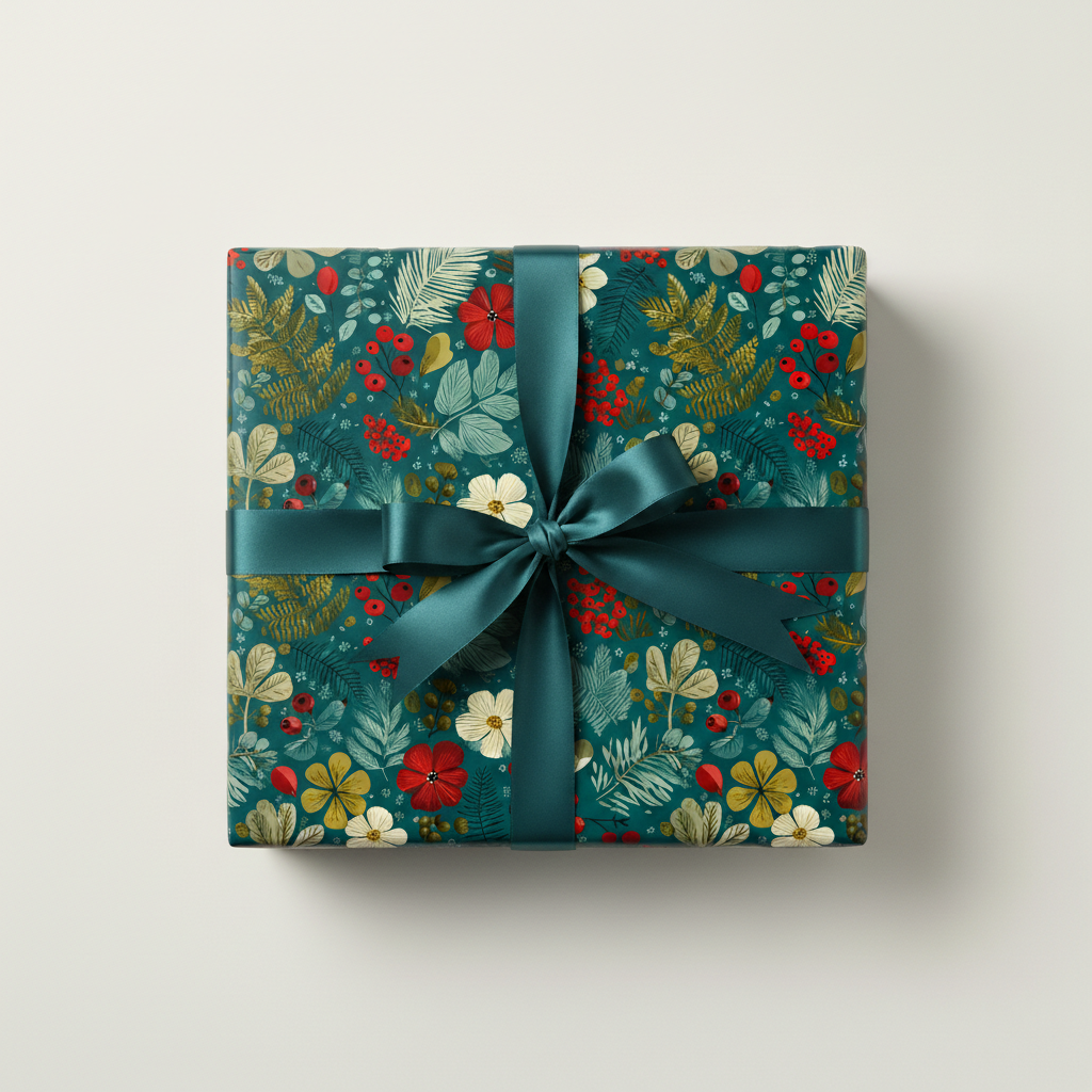 Square gift box wrapped in teal floral Christmas wrapping paper with a teal satin ribbon bow.