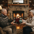 Senior couple exchanging a Christmas gift wrapped in elegant floral wrapping paper with a velvet bow.