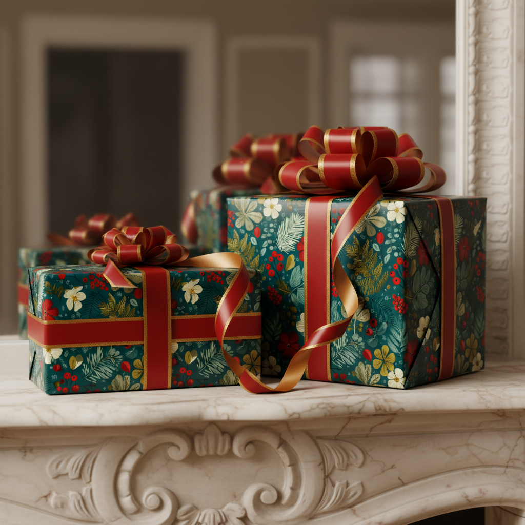 Elegant Christmas gift wrap featuring a floral design and red ribbon on marble.