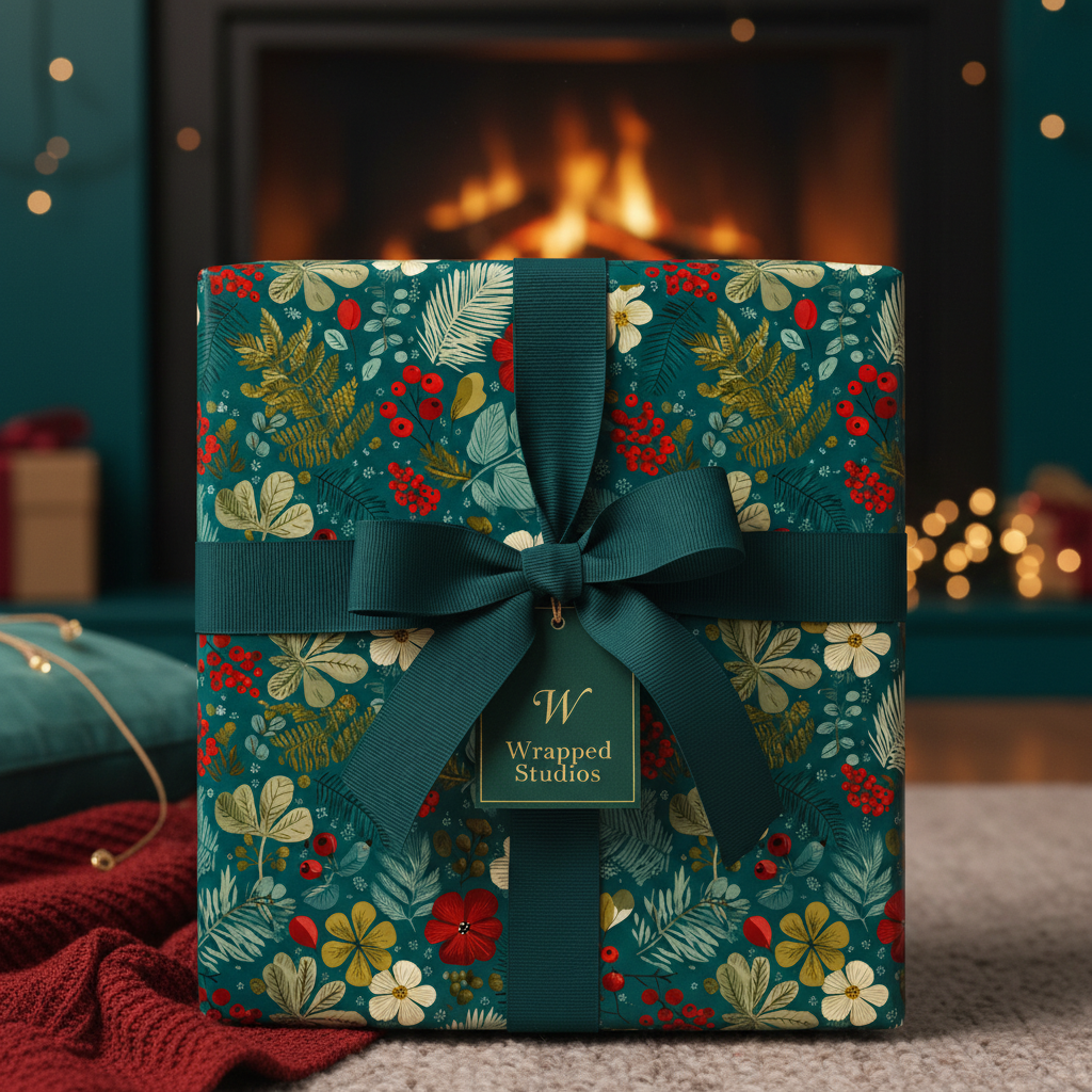 Teal floral wrapping paper with red berries, tied with a teal ribbon, perfect for Christmas gifts.