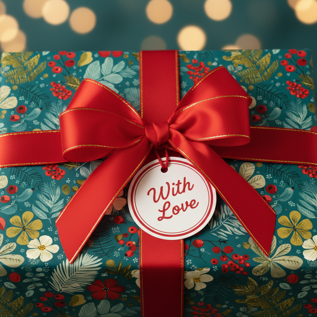 Teal floral wrapping paper on a gift with a red ribbon and "With Love" tag.