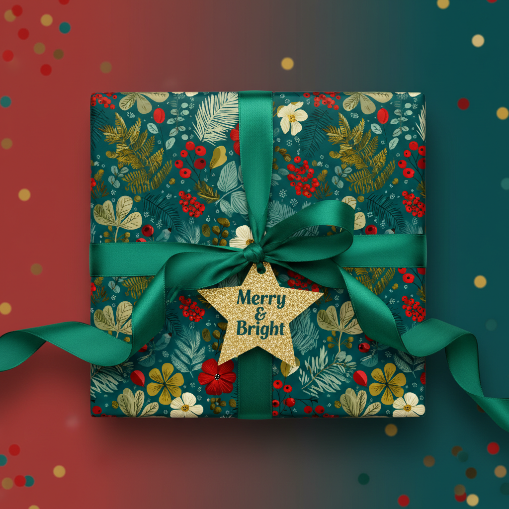 Square gift wrapped in teal floral wrapping paper with a satin emerald ribbon and "Merry & Bright" star tag.