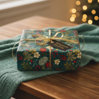 Teal floral wrapping paper on a square gift box tied with gold ribbon, for Christmas or birthday presents.