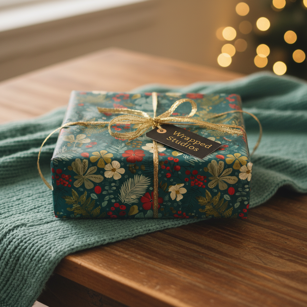 Teal floral wrapping paper on a square gift box tied with gold ribbon, for Christmas or birthday presents.