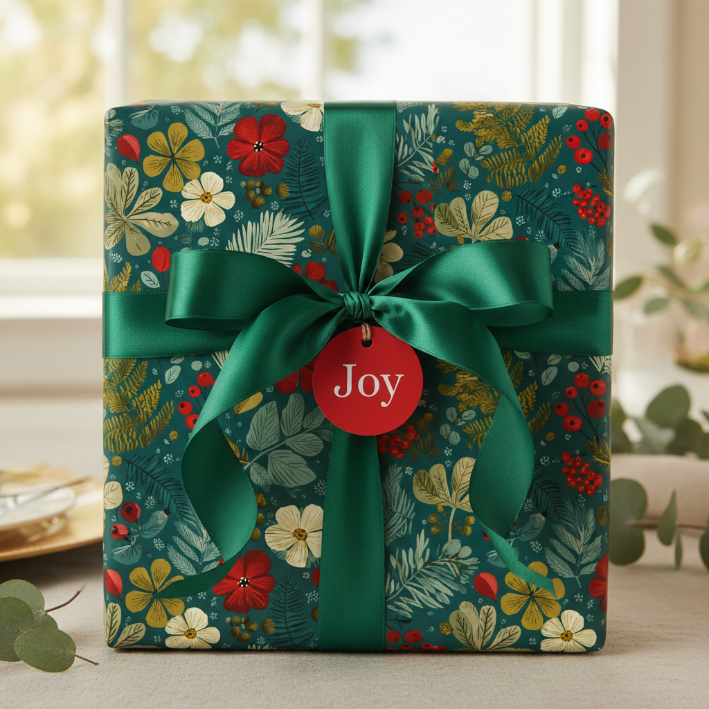 Teal floral wrapping paper with green ribbon and a "Joy" tag, perfect for Christmas or birthday gifts.