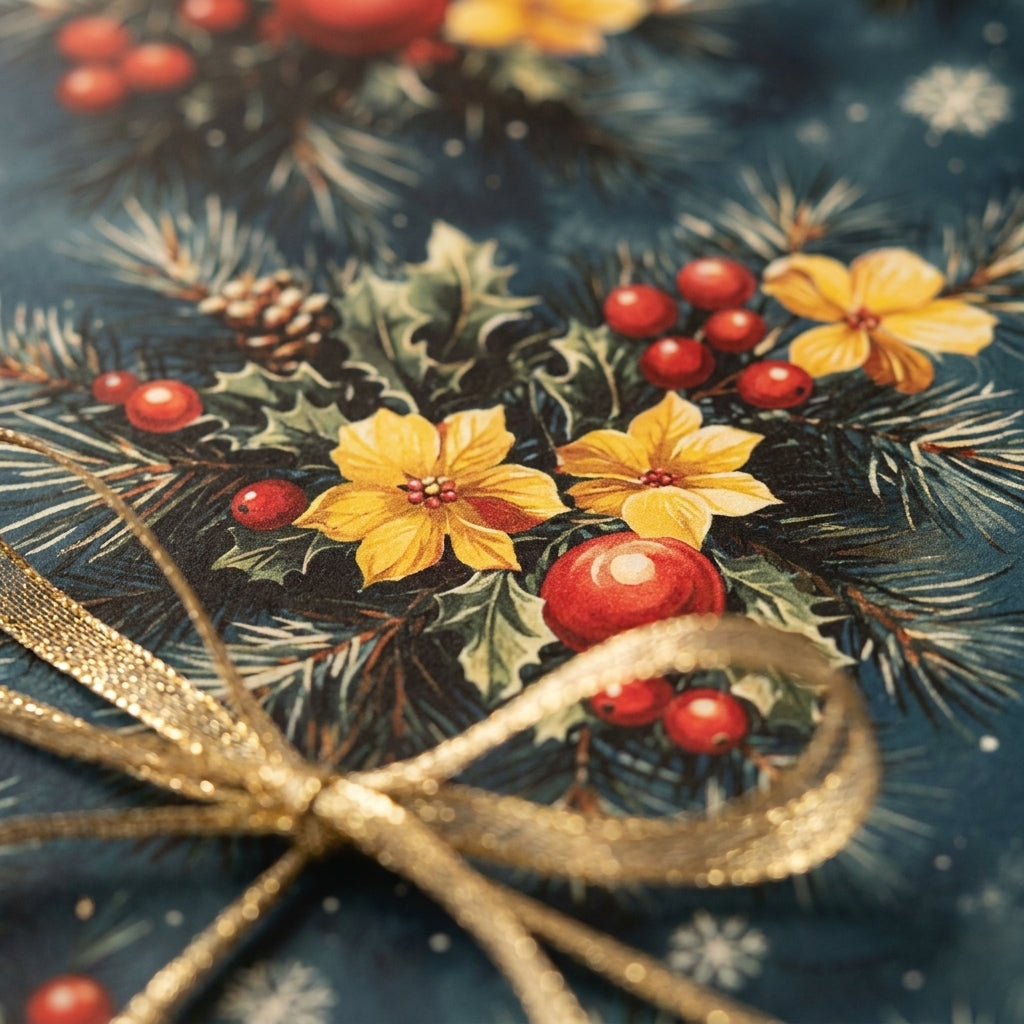 Luxury Christmas wrapping paper with vintage floral pine pattern and gold ribbon by Wrapped Studios.