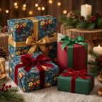 Luxury floral Christmas wrapping paper with elegant velvet ribbons on gift boxes by Wrapped Studios.
