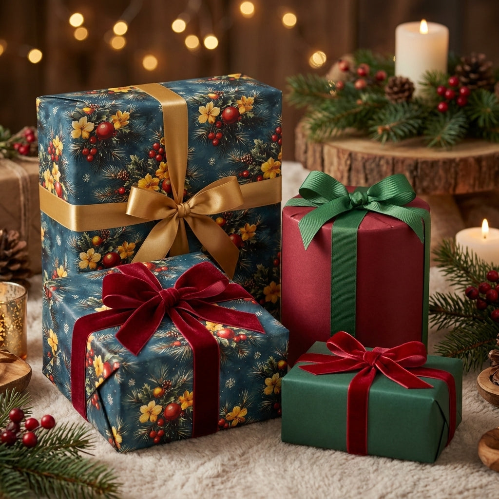 Luxury floral Christmas wrapping paper with elegant velvet ribbons on gift boxes by Wrapped Studios.