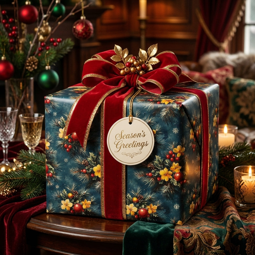 Vintage Christmas wrapping paper with botanical pine pattern and red velvet bow by Wrapped Studios.