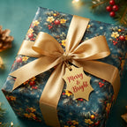 Teal Christmas gift wrap with a gold bow and Merry & Bright tag on a luxury holiday present by Wrapped Studios.