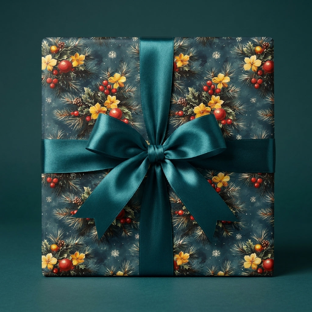 Luxury Christmas wrapping paper with a vintage pine pattern and teal satin bow by Wrapped Studios.