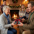 Luxury Christmas wrapping paper with red bow by Wrapped Studios, exchanged by a family near a cozy fireplace.