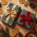 Luxury Christmas wrapping paper with botanical pine pattern and festive bows by Wrapped Studios.