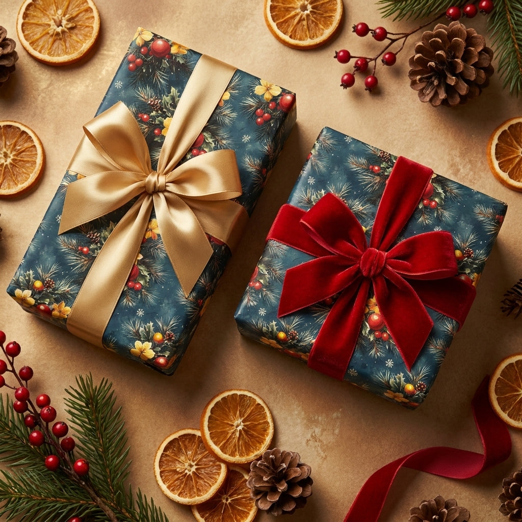 Luxury Christmas wrapping paper with botanical pine pattern and festive bows by Wrapped Studios.
