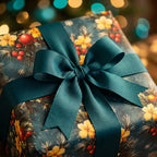 Luxury Christmas wrapping paper with vintage floral pattern and teal ribbon by Wrapped Studios.