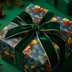 Luxury Christmas gift wrap with vintage botanical print and green velvet bow by Wrapped Studios.